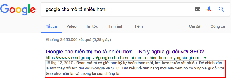 Đoạn mô tả tìm kiếm hiển thị Google