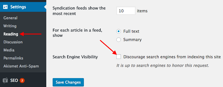 Setting reading trong WordPress cho phép tìm kiếm