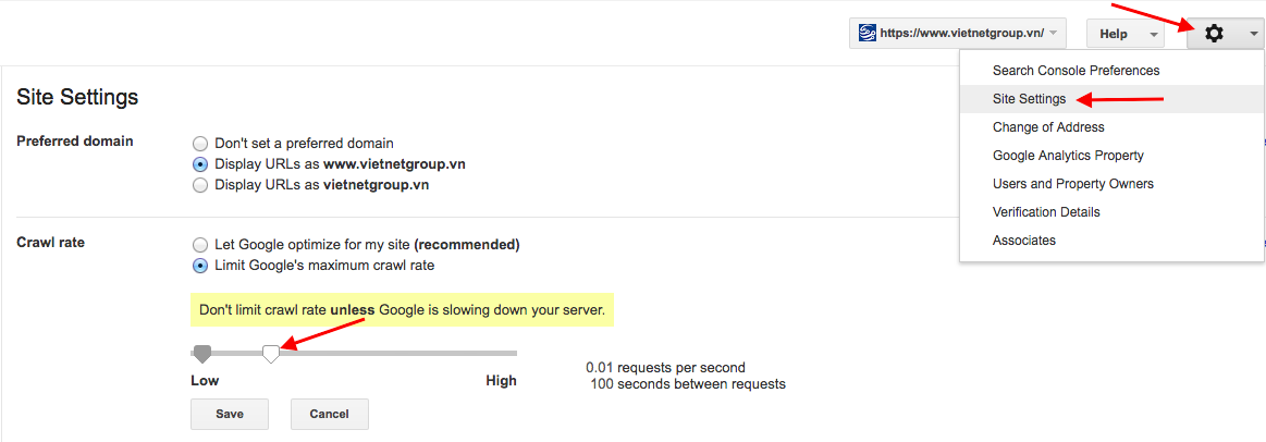 Site Setting trong Google Search console