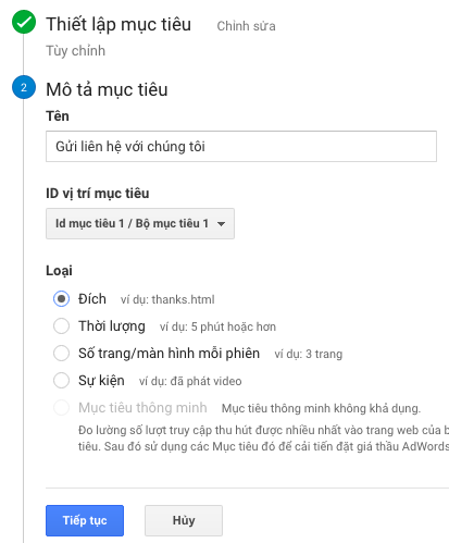 Thiết lập mục tiêu google Analytics