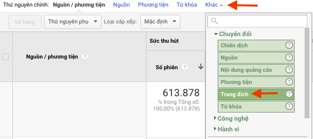 Trang Đích google analytics 