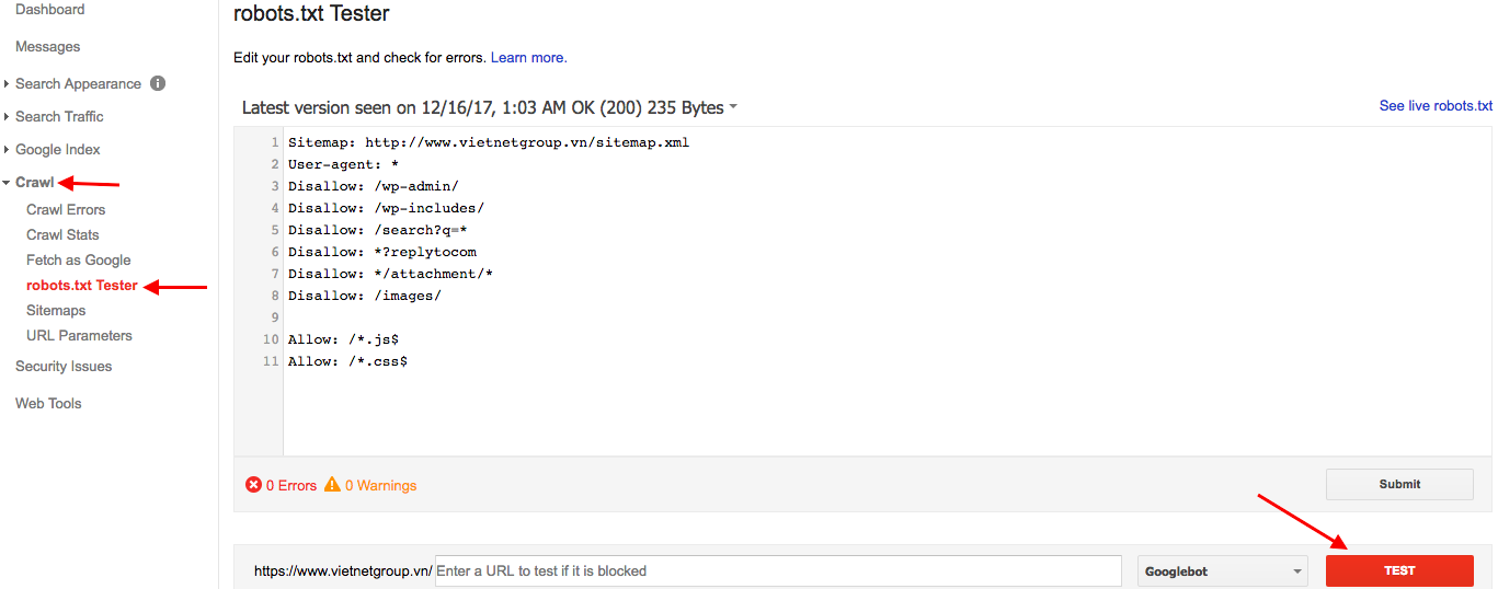 Tùy chọn Robots tester trong Google search console