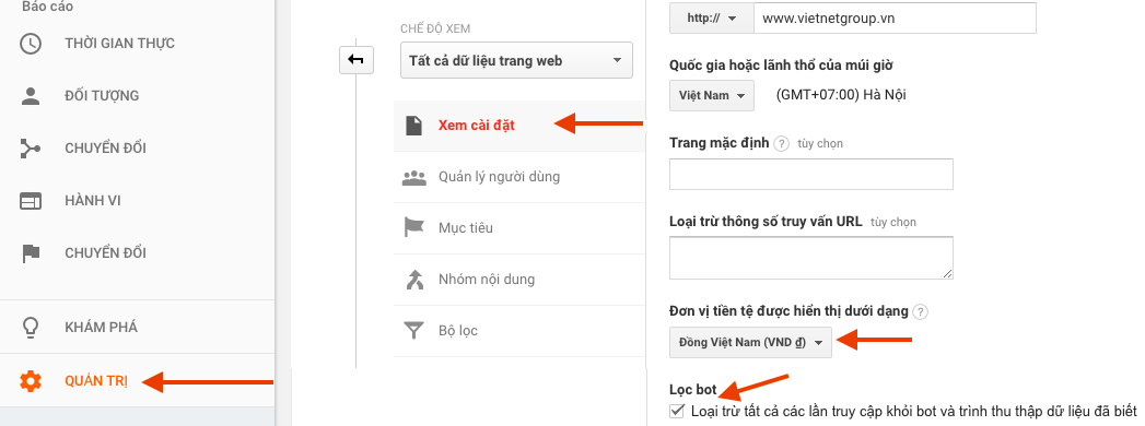 Xem cài đặt Google analytics