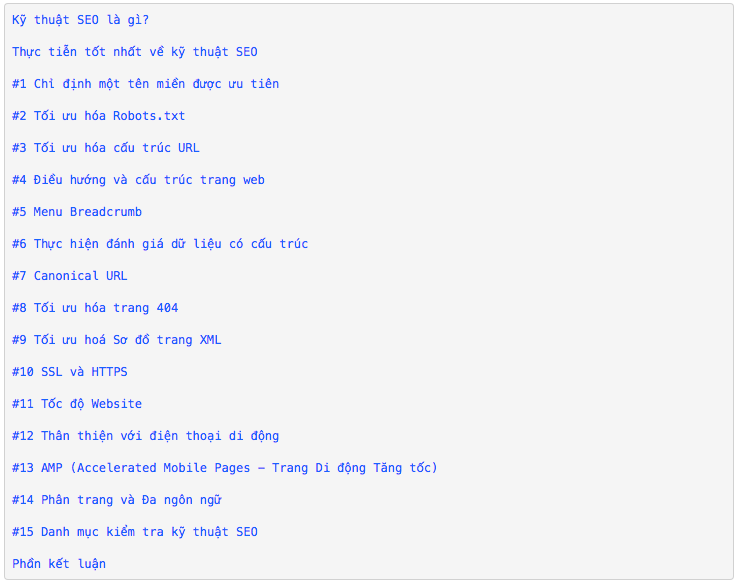 Phụ lục bài viết hướng dẫn kỹ thuật SEO