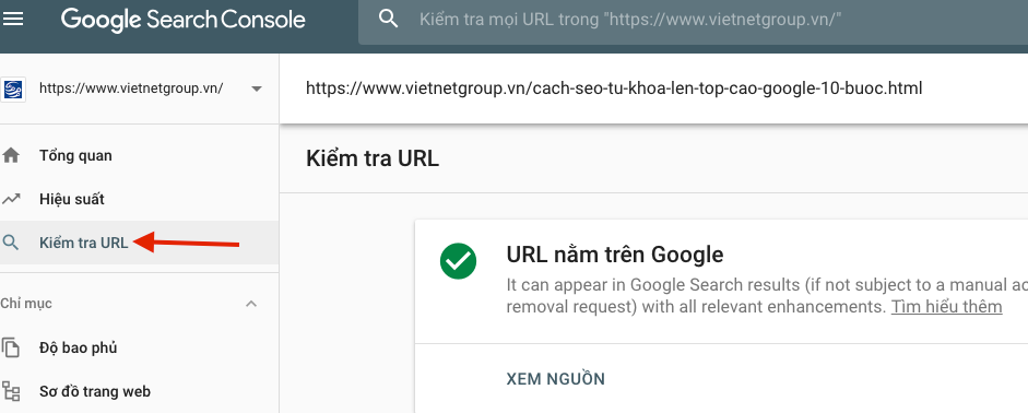 Kiểm tra url Google search console 