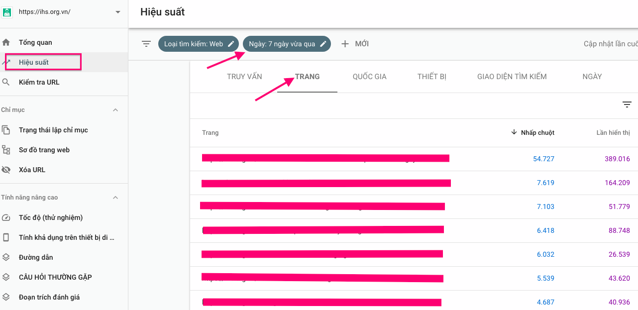 Thống kê hiệu suất Google Search Console 